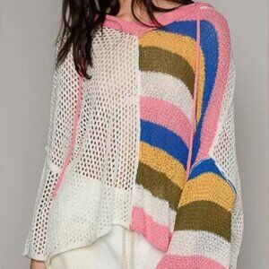 POL NEW Colorblock Open Knit Hoodie Sweater Medium Pink Striped Boho Oversized